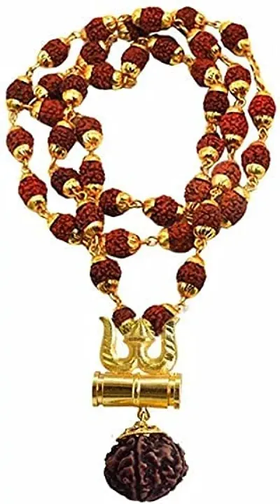 Brass Beautiful Great Hindu Trishul Kavach Damaru Locket With Panchmukhi Rudraksha Mala Gold-plated Plated Wood Chain