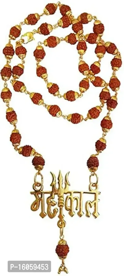 Rani Sati CreatioN Trishul Mahakal PanchMukhi Rudraksha Mala Beads and Pendant Gold-plated Brass for Men Women Boys and Girls