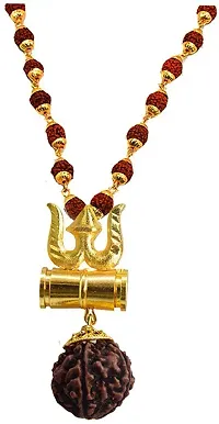 Jewellery Golden Gold-Plated Brass, Wood Lord Shiv Trishul Damru Locket with Panchmukhi Rudraksha Mala for Men and Women-thumb2