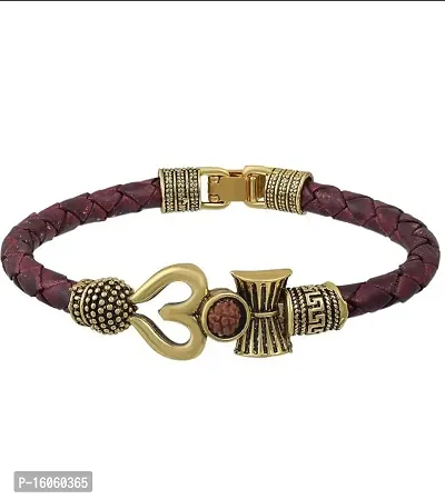 Onvol Rudraksha OM Trishul Damroo Designer Oxidized Gold Bahubali Leather Kada Bracelet for Men  Women-thumb2