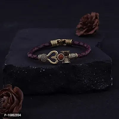 PAYSTORE Trishul Damru OM Rudraksha Gold Plated Leather Mahadev Mahakal Shiva Bhakt Bahubali Navaratri Special Kada Bracelet for Men  Women(Brown  Gold)-thumb5