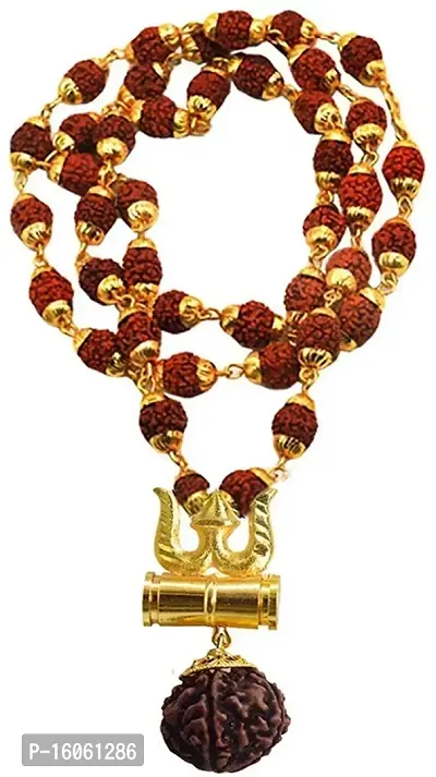 Jewellery Golden Gold-Plated Brass, Wood Lord Shiv Trishul Damru Locket with Panchmukhi Rudraksha Mala for Men and Women