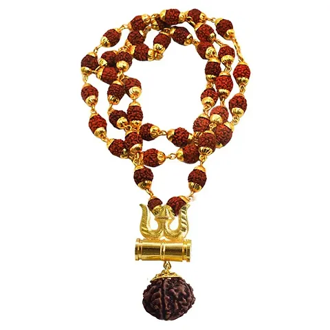 Men Style Religious Jewellery Lord Shiv Yoga Om Damaru Locket with Plated Caps Rudraksha Mala Temple Jewelry Pendant for Men and Boy