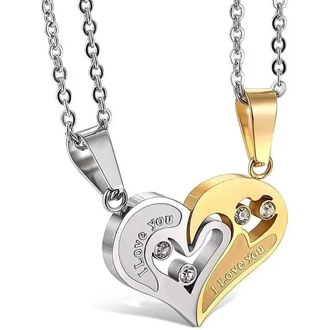 LIXOM Stainless Steel Golden-Silver Broken Two Half Heart Shape Love Pendant Necklace Chain for Men and Women