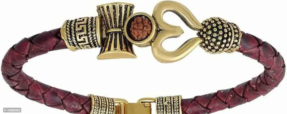 Onvol Rudraksha OM Trishul Damroo Designer Oxidized Gold Bahubali Leather Kada Bracelet for Men  Women-thumb4