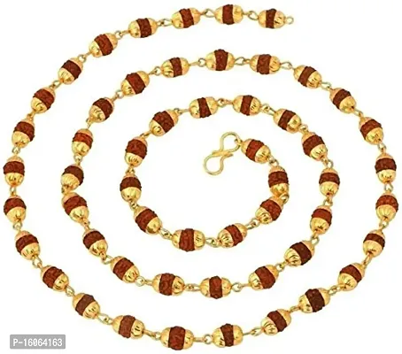 5 Mukhi Rudraksha Rudraksh Mala in Gold Plated Caps Wood, Copper Chain