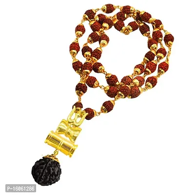 Jewellery Golden Gold-Plated Brass, Wood Lord Shiv Trishul Damru Locket with Panchmukhi Rudraksha Mala for Men and Women-thumb2