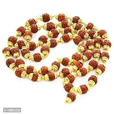 Rudraksha Cap Mala Buddhist Tibetan Healing Prayer Mala Necklace Stretch Wrap Bracelet mala Beads Necklace Rudraksh Japa 5 Mukhi (5 Face) Hand Knotted Prayer Beads 54+1 with Gold Color Cap