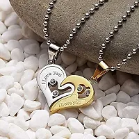 Valentine Special Golden-Silver Broken Two Half Heart Shape Love Pendant Locket Necklace Chain Jewellery for Lovers/Couples Stainless Steel Locket-thumb1