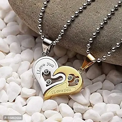 Valentine Special Golden-Silver Broken Two Half Heart Shape Love Pendant Locket Necklace Chain Jewellery for Lovers/Couples Stainless Steel Locket-thumb2