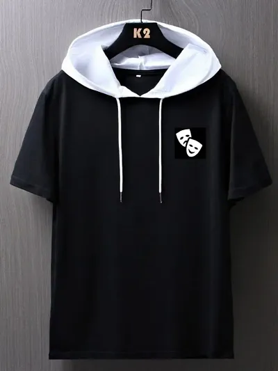 Stylish Black Polyester Hooded T-Shirt For Men