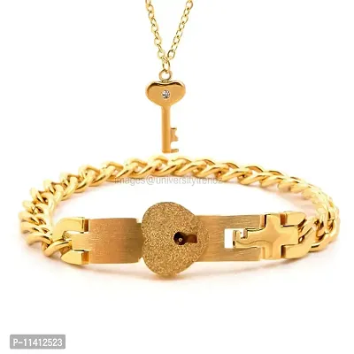 University Trendz Stainless Steel Golden Heart Lock and Key Bracelet Pendant Set for Couples Men and Women