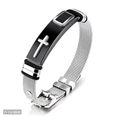 University Trendz Gold Cross Printed Stainless Steel Silicon Black Wristband Cuff  Kadaa Bracelet with Adjustable Strap for Men  Women (Silver Cross)