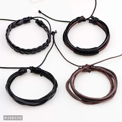 University Trendz Black Leather Dyed Rope Multi Strand Wrist Band Bracelet for Men & Women (Set of 4) (Black)-thumb2
