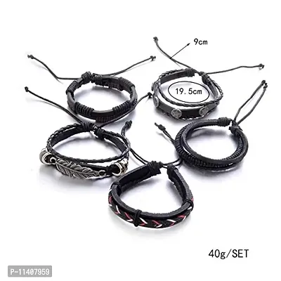 University Trendz Black Base Metal Leather Dyed Rope Multi Strand Wrist Band Bracelet for Men & Women(Set of 5)(Black)-thumb5