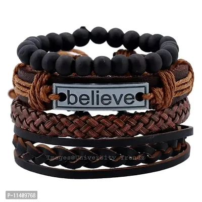 University Trendz Metal Leather Natural Stone Beads Inspirational Believe Words Bracelet for Men - Set of 4 (Brown)
