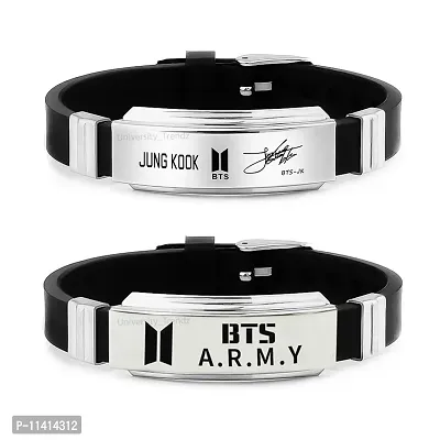 University Trendz BTS Army Metal Tag Silicon Wristband Bracelet with Jung Kook Signature Bracelet for Boys & Men (Pack of 2)
