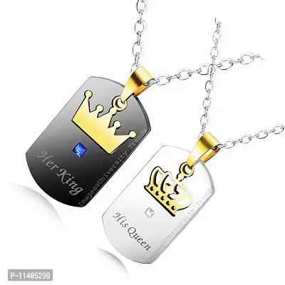 University Trendz Her King His Queen Pendant Chain Necklace Matching Set for Men Women and Couples Best Gift for Valentine (Black-Silver)