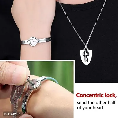 University Trendz Stainless Steel Heart Lock and Key Bracelet Pendant Set for Couples Men and Women (Silver)-thumb5