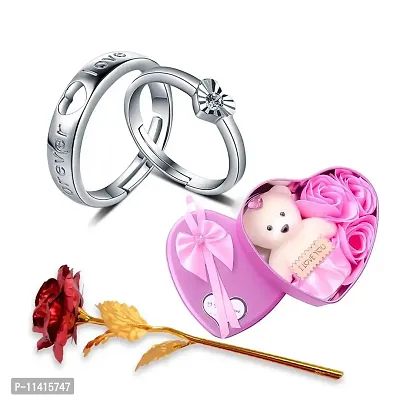 University Trendz Valentine Romantic Gift Combo of Silver Plated Forever Love Promise Couple Ring with Red Rose Flower & Pink Teddy Bear (Pack of 3)-thumb0
