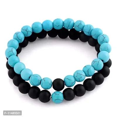 University Trendz Natural Stone Beads His Her Couple & Combo Charm Bracelet for Men and Women (Blue-Black)-thumb2