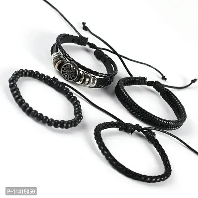 University Trendz 4 PCs Adjustable Multiple Layer PU Leather Bracelets - Tree Flower Charm Bracelet for Boys & Men-thumb5