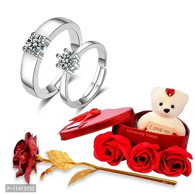 University Trendz Silver Plated Cute Crystal Stone Couple Ring with Red Rose Flower Box and Soft Teddy Bear, Best Valentine Day Gift for Women & Girls