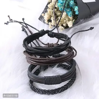 University Trendz Black Leather Dyed Rope Multi Strand Wrist Band Bracelet for Men & Women (Set of 4) (Black)-thumb3