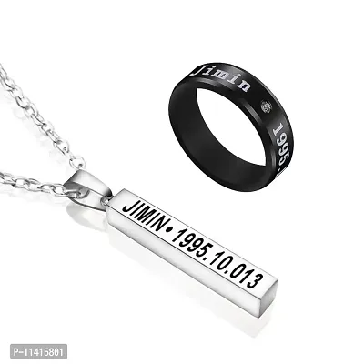 University Trendz Black BTS Jimin Stainless Steel Ring Combo with Kpop Bar Jimin Pendant Necklace (Pack of 2)-thumb0