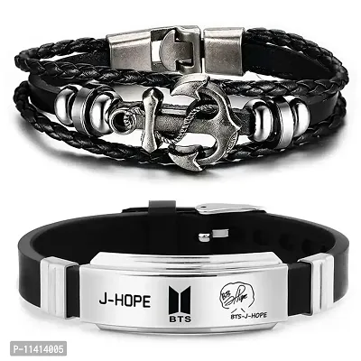University Trendz BTS Kpop J-Hope Signature Printing Silicon Bracelet Combo with Leather Multi Rope Bracelet (Pack of 2)