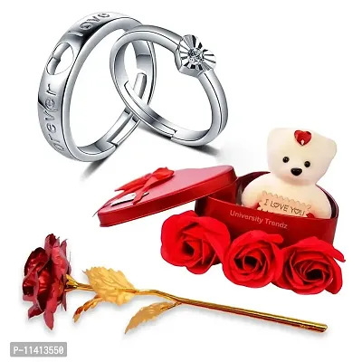 University Trendz Valentine Special Adjustable His and Hers Engagement Ring Set with Red Rose Flower Box and Soft Teddy Bear, Best Valentine Day Gift for Women & Girls