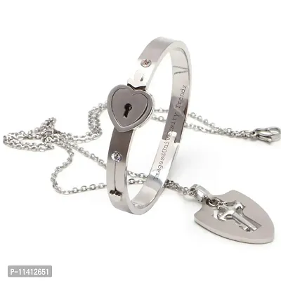 University Trendz Stainless Steel Heart Lock and Key Bracelet Pendant Set for Couples Men and Women (Silver)-thumb0