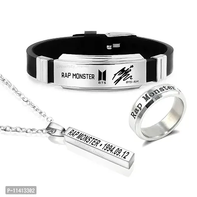 University Trendz Unisex BTS Fan Combo - Rap Monster Bangtan Kpop Bar Pendant Necklace, Name Signature Silicon Bracelet & DOB Engraved Stainless Steel Ring (Pack of 3)