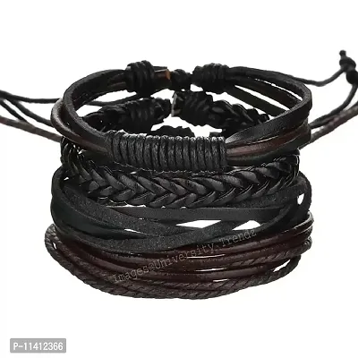 University Trendz 4pcs Per Set Multilayer Leather Handmade Bracelet with Adjustable Length Wristband for Mens, Womens (Brown Black)