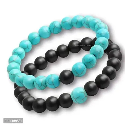 University Trendz Natural Stone Beads His Her Couple & Combo Charm Bracelet for Men and Women (Blue-Black)-thumb0