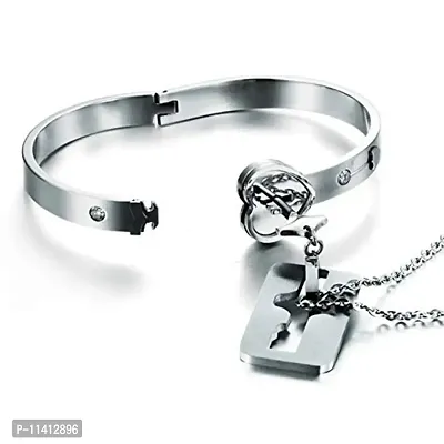 University Trendz Stainless Steel Lock and Key Bracelet Pendant Set for Couples Men and Women (Silver)-thumb5