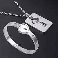 University Trendz Stainless Steel Lock and Key Bracelet Pendant Set for Couples Men and Women (Silver)-thumb3