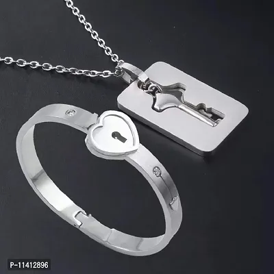 University Trendz Stainless Steel Lock and Key Bracelet Pendant Set for Couples Men and Women (Silver)-thumb4