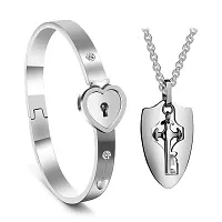 University Trendz Stainless Steel Heart Lock and Key Bracelet Pendant Set for Couples Men and Women (Silver)-thumb1