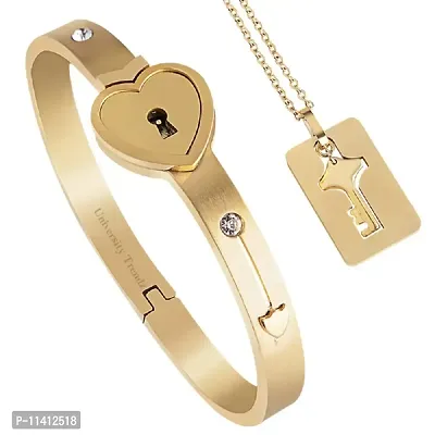 University Trendz Key Lock Bracelet for Couples Golden Heart Shape Stainless Steel Pendant Set, Necklace Set for Girls, Boys, Lovers Men and Women (Gold)