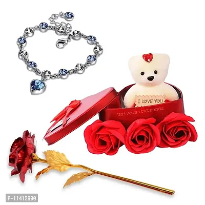 University Trendz Valentine's Special 3 Set Combo - Blue Heart Pendant Bracelet, Artificial Red Rose & Soft Teddy Flower Box