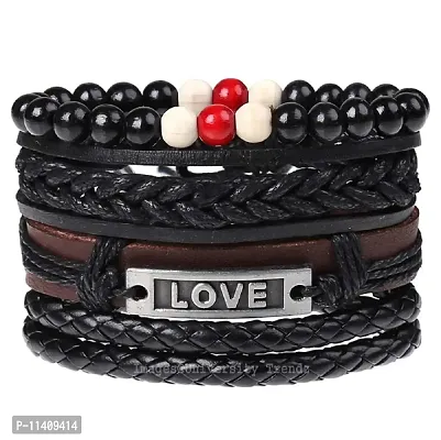 University Trendz Stylish Multistrand Love Charm Wrist Band Leather Bracelet for Men and Boys (Set of 4) (Black)