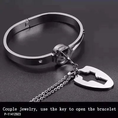 University Trendz Stainless Steel Double Heart Design Lock and Key Bracelet Pendant Set for Couples Men and Women (Silver)-thumb3