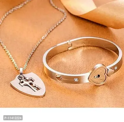 University Trendz Stainless Steel Heart Lock and Key Bracelet Pendant Set for Couples Men and Women (Rosegold)-thumb5