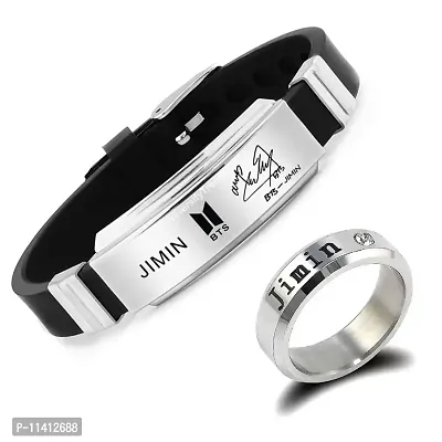 University Trendz BTS Bangtan Jimin Stainless Steel Ring Combo with Signature Printing Silicon Bracelet