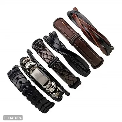 University Trendz 6 PCs Mixed Multi-Layer Genuine Leather Bracelet, Handmade Adjustable Braided Leather Cuff Men & Women