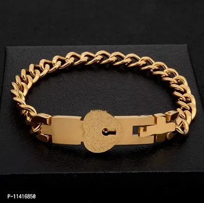 University Trendz Stainless Steel Heart Lock and Key Bracelet Pendant Set for Couples Men and Women (Gold)-thumb4
