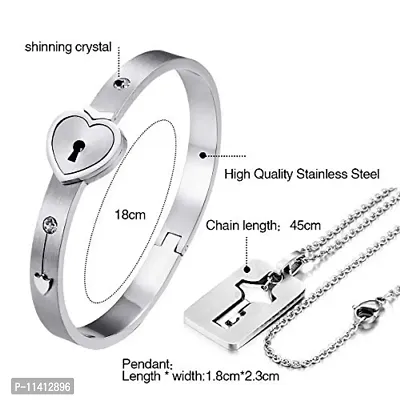 University Trendz Stainless Steel Lock and Key Bracelet Pendant Set for Couples Men and Women (Silver)-thumb3