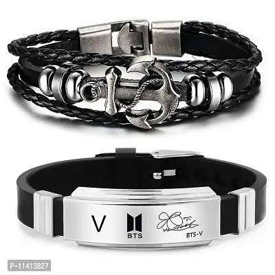University Trendz BTS Kpop V Signature Printing Silicon Bracelet Combo with Leather Multi Rope Bracelet (Pack of 2)