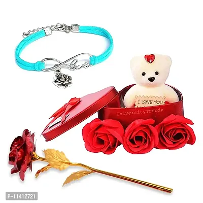 University Trendz Valentine's Special 3 Set Combo - PU Love Rose Leather Bracelet, Artificial Red Rose & Soft Teddy Flower Box